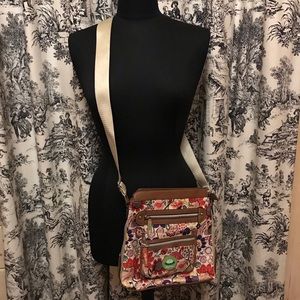 Lilly Bloom Floral Crossbody Handbag Purse Brown Trim Floral